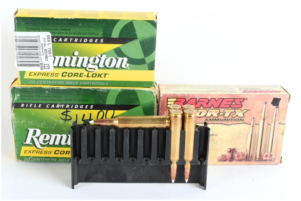 A Lot of 58 Rounds of Mixed Centerfire Rifle Ammunition, Primarily .30-06 Springfield, Including 7mm: A lot of 58 rounds of mixed centerfire rifle ammunition. This collection includes three factory-packaged boxes and a quantity of loose brass-cased cartridges. The lot is primarily comprised of .30-06