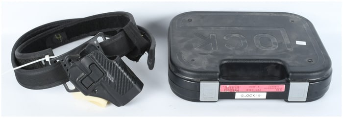 Collection of Glock 19 Pistol Accessories including Factory Case Holster and Muzzle Compensator