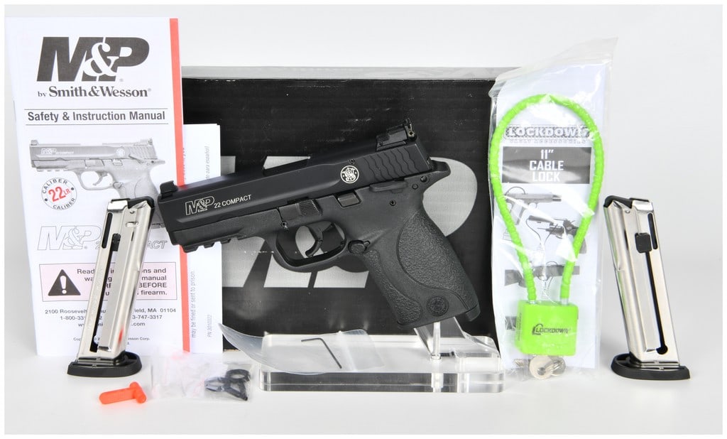 Smith & Wesson M&P 22 Compact Semi-Automatic Pistol .22 LR (3.6 inch BBL) Serial HJJ0393: Smith & Wesson Model M&P 22 Compact Semi-Automatic Pistol, Serial Number HJJ0393. This lot contains 2 items as defined by the lot inventory. This is a modern semi-automatic rimfire pistol featuring a