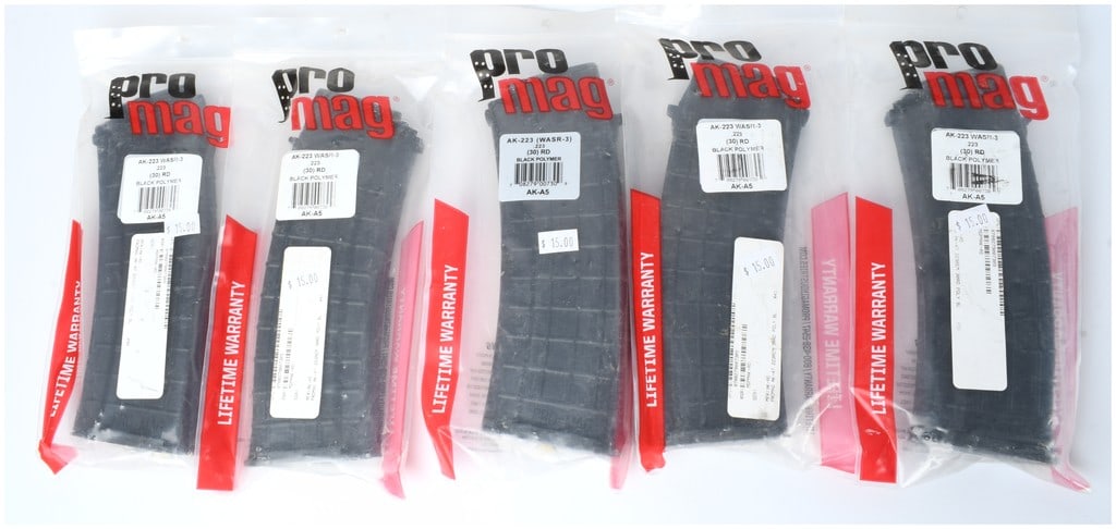 A Group of Five ProMag AK-223 WASR-3 / AK-A5 30-Round .223 Caliber Black Polymer Magazines: A group of five new, unused ProMag detachable box magazines. These magazines are identified by the manufacturer packaging as ProMag model AK-223 WASR-3 / AK-A5. They are constructed of black polymer w