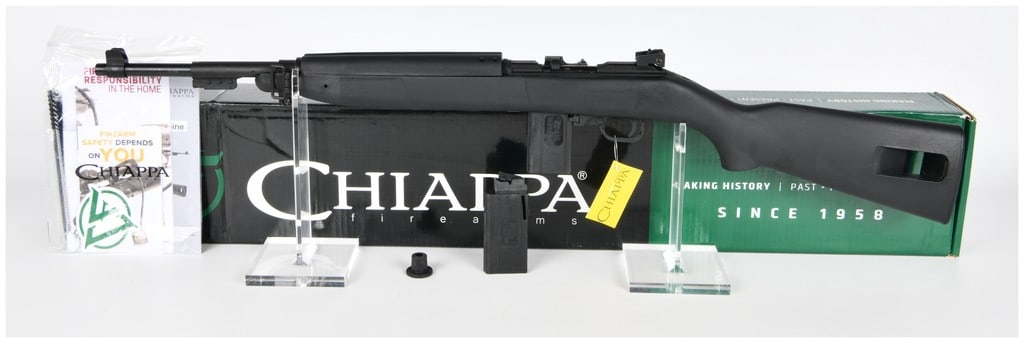 Chiappa M1-22 Semi-Automatic Rifle (.22 LR, 18 inch BBL) Serial CFIT20M01055: A modern production Chiappa M1-22 semi-automatic rifle chambered in .22 Long Rifle, designed to replicate the appearance of the classic M1 Carbine. The rifle features a black matte finish on the metal
