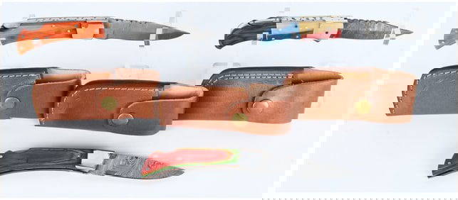 A Trio of Modern Handmade Damascus Steel Folding Pocket Knives with Sheaths