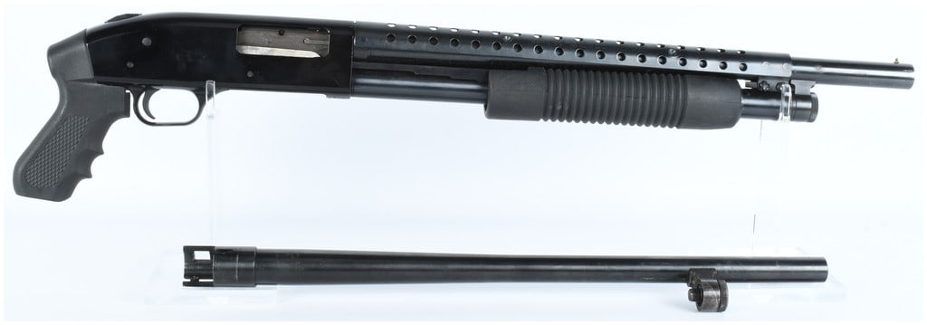 Mossberg Model 500A Pump-Action Shotgun Receiver Group with Two Barrels (12 GA/16 GA): This lot consists of a Mossberg Model 500A pump-action shotgun receiver assembly and two barrels. The receiver is chambered for 12 Gauge, 2 3/4 and 3-inch shells, and features a black high-gloss finis