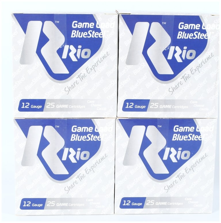A Lot of 100 Rio Game Load BlueSteel Shotshells 12 Gauge 2 3/4 inch #6 Shot: A Lot of 100 Rio Game Load BlueSteel Shotshells, 12 Gauge. This lot consists of four (4) factory-sealed boxes, each containing 25 cartridges, totaling 100 rounds of modern, non-toxic steel shot ammuni