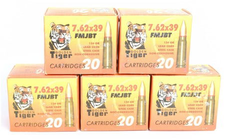 Golden Tiger 7.62x39mm FMJBT Ammunition Lot, 100 Rounds, Modern Production