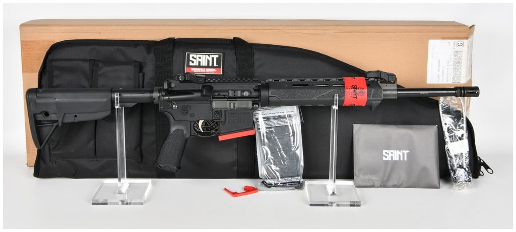 Springfield Armory SAINT AR-15 Style Rifle, 5.56 NATO, Complete in Box, Post-2016: A modern semi-automatic sporting rifle manufactured by Springfield Armory, located in Geneseo, Illinois. This is the "SAINT" model, built on the AR-platform design. The rifle is chambered in 5.56 NATO