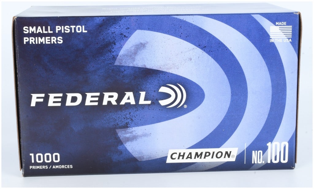 Federal Champion No. 100 Small Pistol Primers, 1000 Count: A collection of 1000 Federal Champion No. 100 small pistol primers. The items are presented in their original blue and white cardboard packaging featuring the Federal logo and the designation Champion