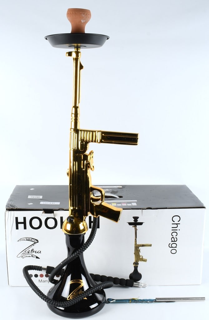 Zebra Smoke "Chicago" Model Hookah Set, Gold-Plated Thompson Submachine Gun Design, Contemporary (1 of 8)