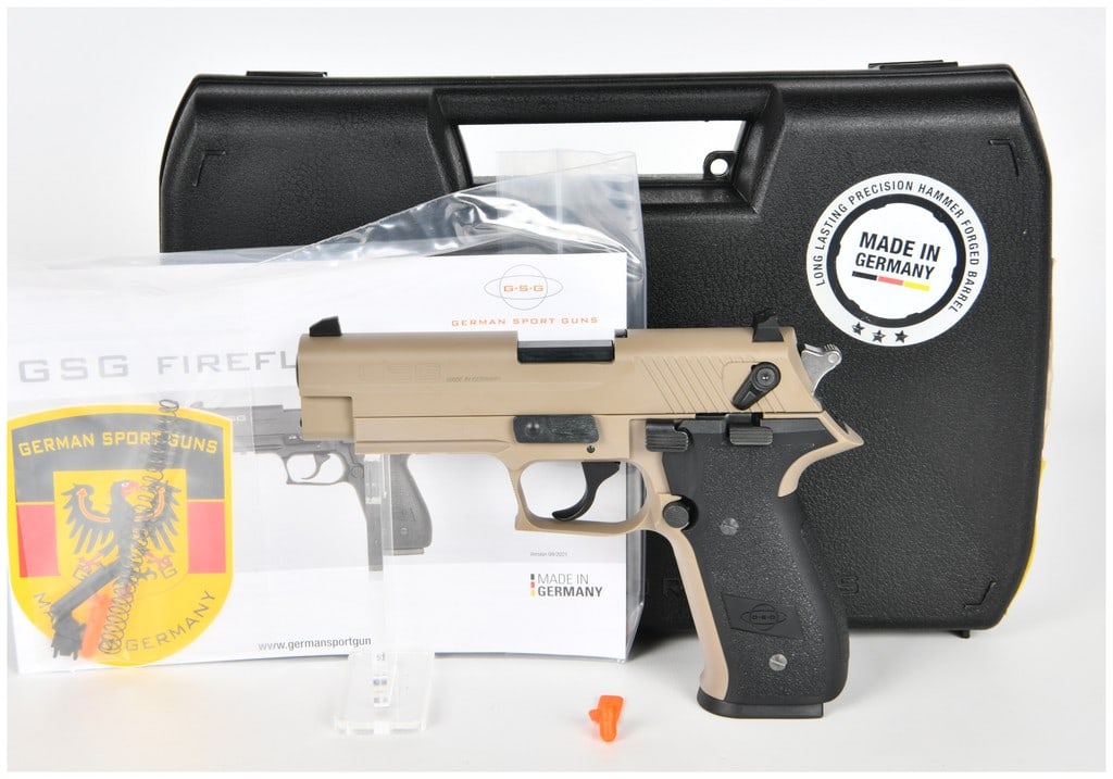 GSG German Sport Guns FireFly Semi-Automatic Pistol .22 LR Tan Contemporary: A modern semi-automatic pistol manufactured by GSG (German Sport Guns) in Germany, model FireFly HGA, chambered in Caliber .22 R L.R. The pistol features a distinctive two-tone finish, utilizing a tan
