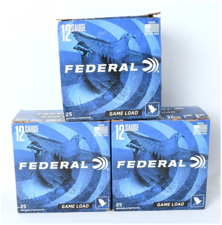 Federal 12 Gauge Game Load Shotshells Three Factory Boxes H121 8 Modern Production: This lot features three factory boxes of Federal brand 12 Gauge shotshell ammunition, totaling 75 rounds. The product is labeled "GAME LOAD" and is specifically designed for upland bird hunting or tar