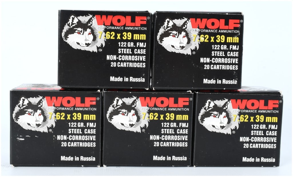 Wolf Performance Ammunition, 100 Rounds 7.62x39mm 122 Grain FMJ, Russian Manufacture, c. 2000s-2010s: This lot comprises 100 rounds of Wolf Performance Ammunition manufactured in Russia. The ammunition is chambered in 7.62 x 39 mm, featuring a 122-grain Full Metal Jacket (FMJ) projectile. The cartridg