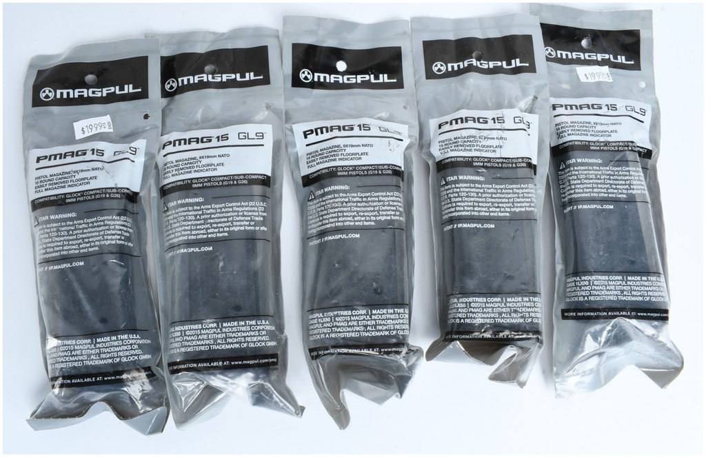 5 Magpul PMAG 15 GL9 15-Round 9mm Magazines for Glock 19: A group of 5 Magpul PMAG 15 GL9 pistol magazines designed for 9x19mm NATO caliber with a 15-round capacity. These polymer magazines are manufactured by Magpul Industries Corp. and are compatible with