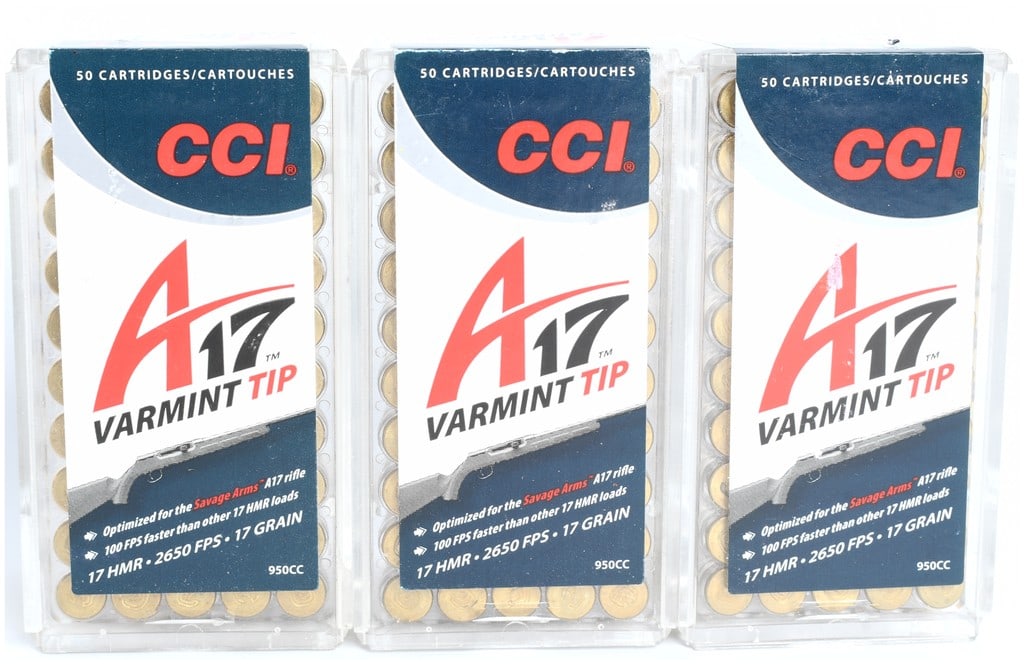 CCI .17 HMR A17 Varmint Tip Ammunition Lot 150 Rounds Modern Production: A lot consisting of three factory-packaged boxes of CCI (Cascade Cartridge, Inc.) rimfire ammunition. This specific load is the A17 Varmint Tip, optimized for use in the Savage Arms A17 semi-automatic