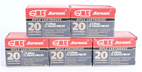 Barnaul .223 Remington (5.56x45) FMJ BT Steel Case Ammunition Lot (100 Rounds), Modern Production