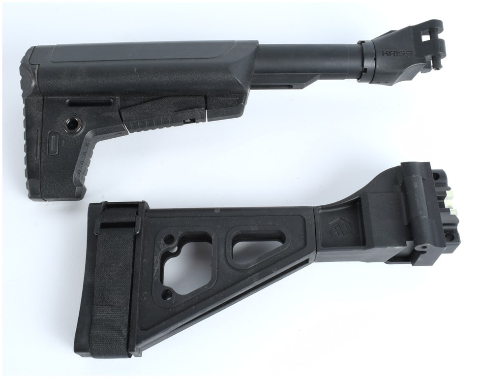 KRISS and HB Industries SB Tactical Style Folding Firearm Accessory Lot (2 Items): This lot consists of 2 modern tactical firearm accessories designed for compact carbine or pistol platforms. Item 1 is a complete black polymer collapsible stock assembly prominently marked "KRISS" ne