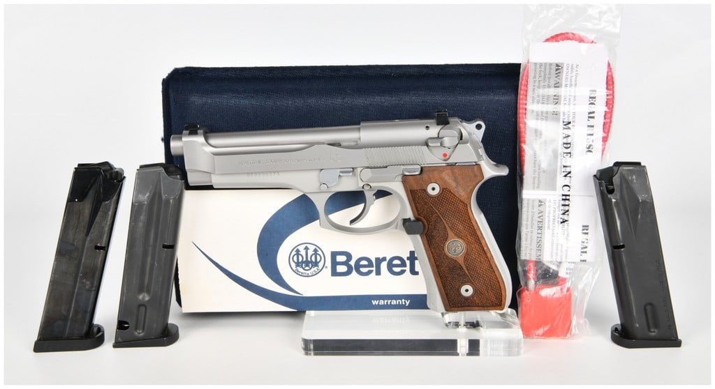 Beretta Model 92 Brigadier-FS Semi-Automatic Pistol, 9mm, Stainless Finish, Wood Grips, Three: This lot features a Beretta Model 92 Brigadier-FS semi-automatic pistol chambered in 9mm Parabellum. Manufactured by Beretta U.S.A. Corp. in Accokeek, Maryland, this firearm carries serial number BER2