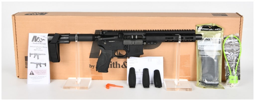 Smith & Wesson M&P-15 Semi-Automatic Pistol with SB Tactical Brace, Modern Production: A modern production Smith & Wesson M&P-15 semi-automatic pistol chambered in 5.56x45 NATO with a 1:7 twist rate. The firearm features black metal and polymer construction typical of the AR platform. T