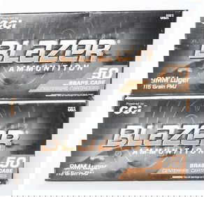 100 Rounds of CCI Blazer Brass 9mm Luger 115 Grain FMJ Ammunition