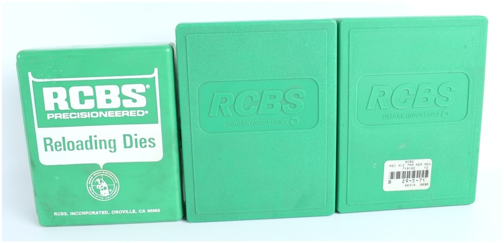 RCBS OMARK Industries Reloading Lot 7mm Rem Mag Dies and Precision Mic System 1970s-1990s: A comprehensive lot of specialized ammunition reloading equipment manufactured by RCBS, a division of OMARK Industries, located in Oroville, CA 95965. The lot is specifically tailored for the 7mm Remi