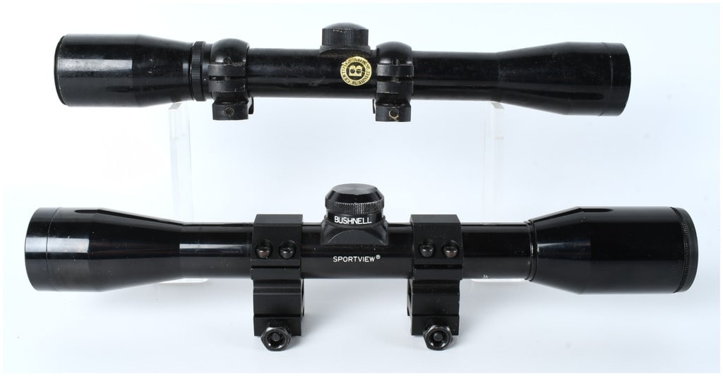 Bushnell Sportview and Certified Rifle Scopes, Lot of Two Used Telescopic Sights, 1980s-1990s: Lot consisting of two vintage or classic Bushnell rifle scopes, both constructed of black finished metal. The top scope is a Bushnell model fitted with two mounting rings and bears the distinctive cir