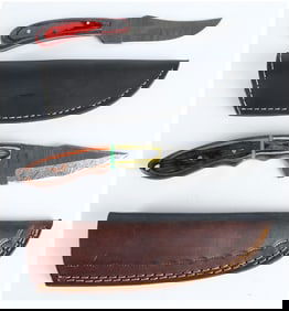 Two Damascus Steel Fixed-Blade Hunting Knives with Leather Sheaths