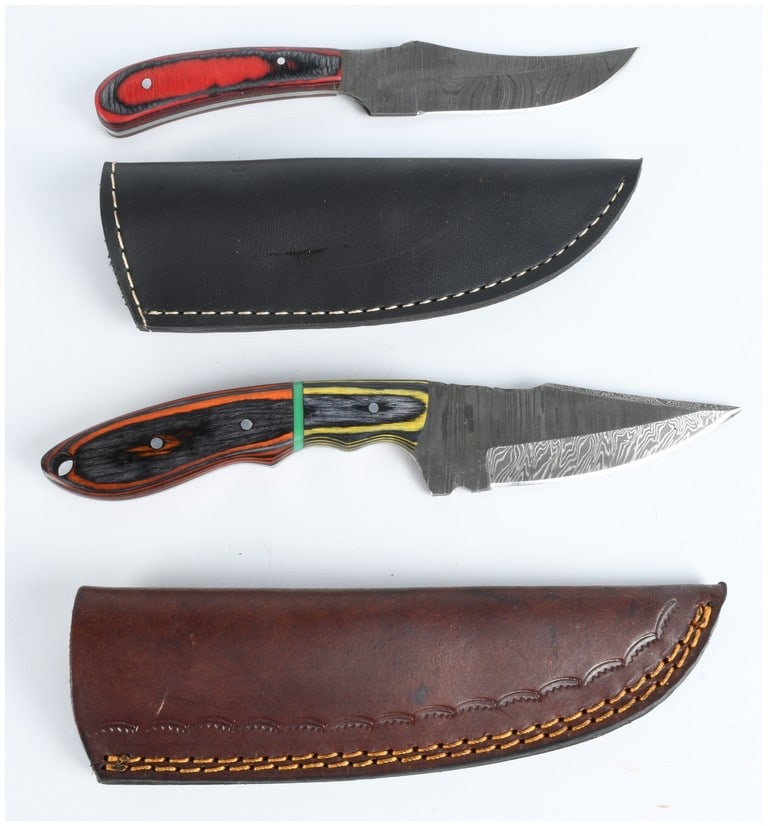 Two Damascus Steel Fixed-Blade Hunting Knives with Leather Sheaths (1 of 4)