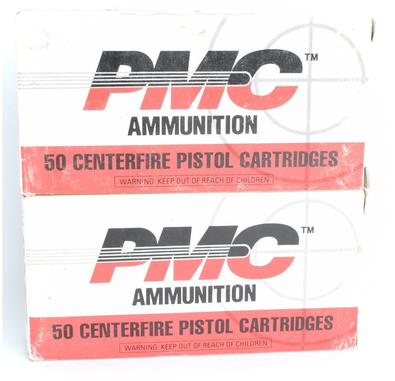 PMC Ammunition .45 Auto 230 Gr. FMJ Centerfire Pistol Cartridges, Modern Commercial: A lot consisting of 100 rounds of PMC (Poongsan Metal Corporation) commercial centerfire pistol ammunition. The caliber is specified as .45 AUTO (also known as .45 ACP). The projectiles are 230 grain