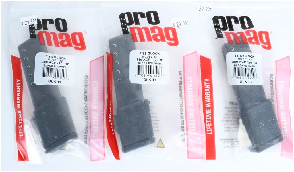 Three ProMag GLK 11 Magazines for Glock 42 .380 ACP: Three ProMag GLK 11 magazines designed for the Glock Model 42 chambered in .380 ACP. Each magazine features a 10-round capacity and is constructed from black polymer with an integrated extended base p