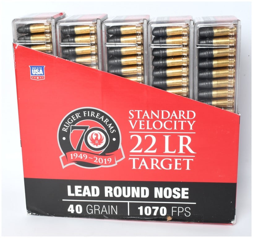 CCI Ruger 70th Anniversary Commemorative .22 LR Standard Velocity Ammunition, 2019: This lot features a total of 500 rounds of CCI .22 Long Rifle rimfire ammunition, produced as a special commemorative edition for the 70th anniversary of Ruger Firearms. The ammunition is Standard