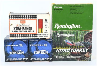 Mixed Lot of Four Vintage and Modern Shotgun Shell Boxes: Sears Ted Williams, Remington, and Federal