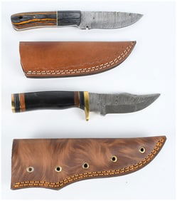 Two Custom Damascus Steel Fixed-Blade Knives with Leather Sheaths