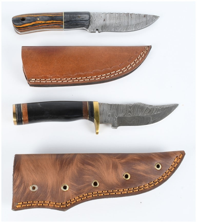 Two Custom Damascus Steel Fixed-Blade Knives with Leather Sheaths (1 of 5)