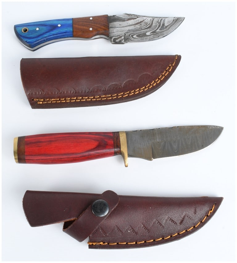 Two Contemporary Damascus Steel Fixed-Blade Hunting Knives with Leather Sheaths (1 of 5)
