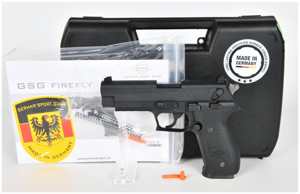 GSG Firefly Semi-Automatic Pistol, Caliber .22 L.R., New in Case, Modern Production: A German Sport Guns (GSG) Firefly semi-automatic pistol chambered in .22 Long Rifle (.22 L.R.). This modern handgun features a black finish on both metal and polymer components, designed with textured