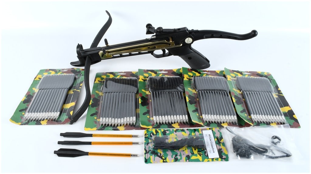 Cobra System Self-Cocking Pistol Crossbow Kit, 80 Lb Draw, Modern Production: A modern tactical pistol crossbow kit, commonly marketed under the "Cobra System" or similar self-cocking model names, featuring an 80-pound draw weight. The crossbow is constructed with a black polym