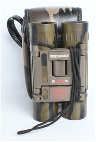 A Pair of Tasco 10x25 Camouflage Compact Binoculars and Case