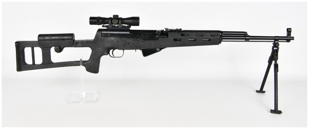 Russian SKS Semi-Automatic Rifle with ATI Fiberforce Stock and 4x28 Scope, Post-1990s Configuration: A modified Russian SKS (Samozaryadny Karabin Simonova) semi-automatic rifle chambered in 7.62x39mm caliber. The rifle features a black metal finish on the barrel and receiver. The original military st