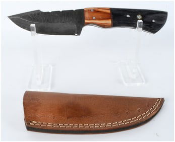A Custom Handmade Damascus Steel Fixed Blade Hunting Knife with Leather Sheath