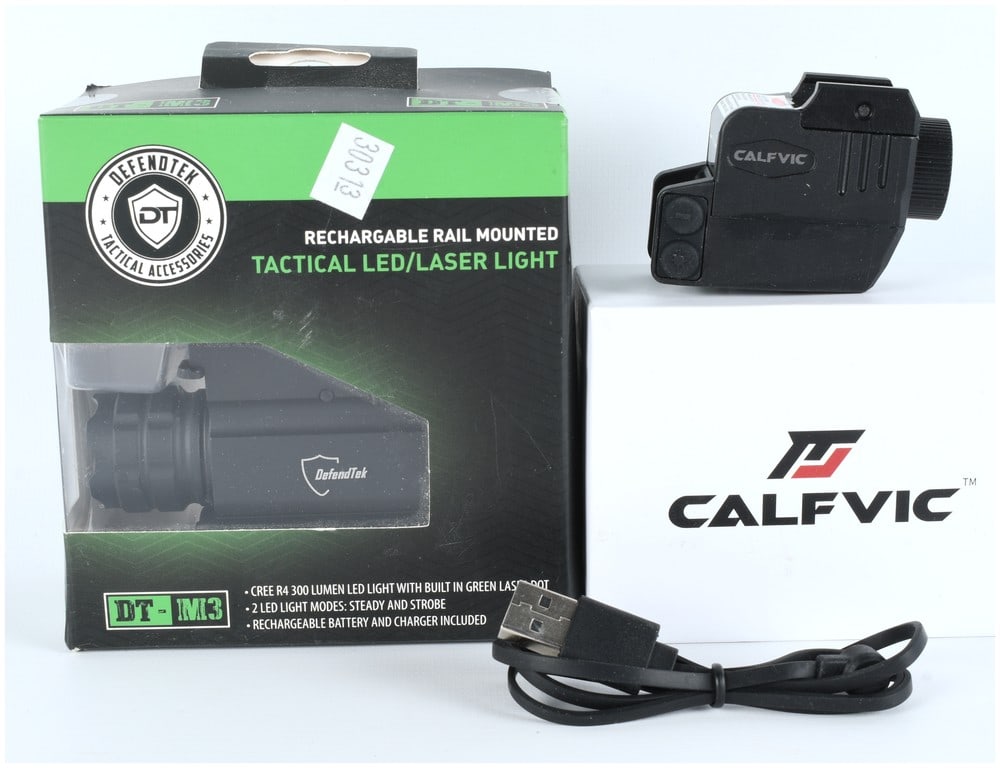 DefendTek CALFVIC DT-M3 Rail Mounted Tactical LED/Laser Light Combo, Modern: A modern tactical accessory lot consisting of a rail mounted LED flashlight and laser unit, original retail packaging, and a USB charging cable. The primary unit is branded CALFVIC and features a blac