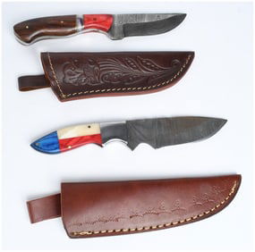 Two Custom Hand-Forged Damascus Steel Fixed-Blade Knives with Leather Sheaths