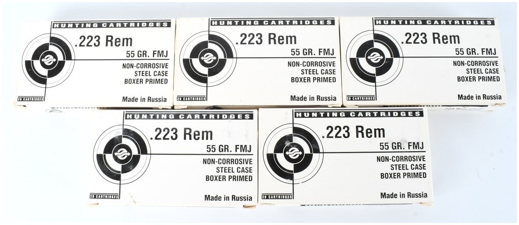 TulAmmo Russian .223 Remington 55 GR FMJ Steel Case Ammunition Lot, Contemporary Production: A lot of 100 rounds of Russian-manufactured rifle ammunition, commonly associated with the Tula Cartridge Plant (TulAmmo). The lot consists of five individual boxes, each containing 20 cartridges,