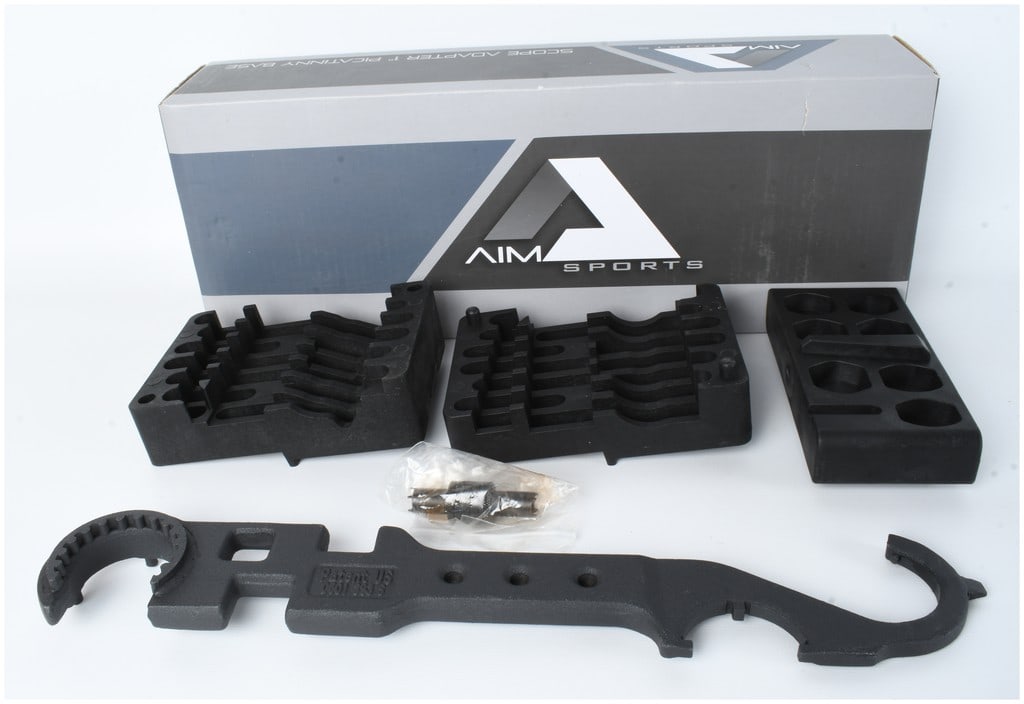 A Group of Aim Sports AR Platform Armorer Tools: This assembly is an Aim Sports AR Armorer's Kit, identified by SKU: ATARAK. The collection includes multiple specialized tools for firearm maintenance, including various black polymer receiver vise