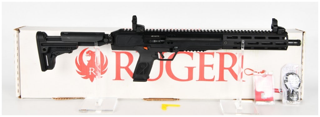 Ruger LC Carbine Semi-Automatic Rifle in .45 Auto with Original Box, Modern Production: A contemporary Ruger LC Carbine semi-automatic rifle, manufactured in Prescott, Arizona, USA. This pistol-caliber carbine is chambered for the powerful .45 Auto (.45 ACP) cartridge, designed for