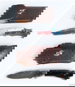 Two Damascus Steel Folding Pocket Knives with Leather Sheaths