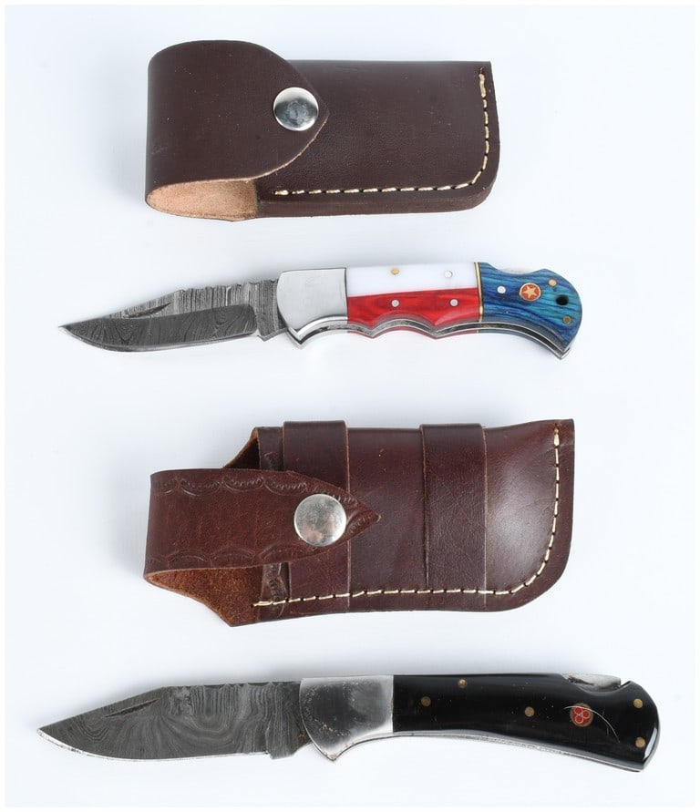 Two Damascus Steel Folding Pocket Knives with Leather Sheaths (1 of 6)