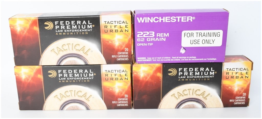 80 Rounds of Federal Premium Law Enforcement Tactical TRU and Winchester .223 Remington Ammunition: A collection of 80 rounds of .223 Remington caliber ammunition, consisting of Federal Premium Law Enforcement Tactical Rifle Urban (TRU) and Winchester training cartridges. The Federal Premium ammunit