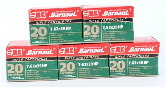 Barnaul 7.62x39mm HP Ammunition, 123-Grain Lacquer Coated Steel Case, Lot of 100, c. 2010-2020