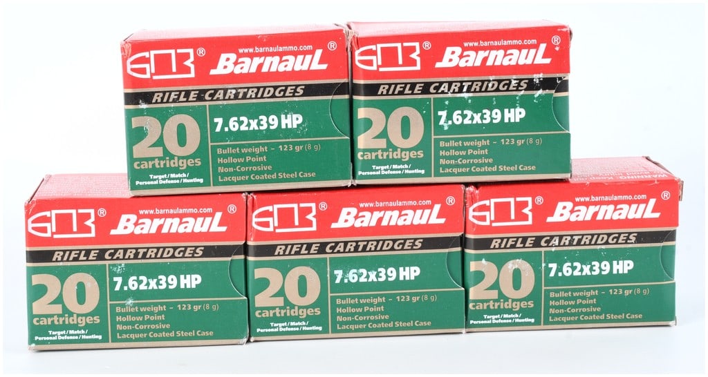 Barnaul 7.62x39mm HP Ammunition, 123-Grain Lacquer Coated Steel Case, Lot of 100, c. 2010-2020 (1 of 3)