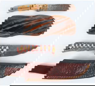 Two Damascus Steel Fixed Blade Knives with Tooled Leather Sheaths