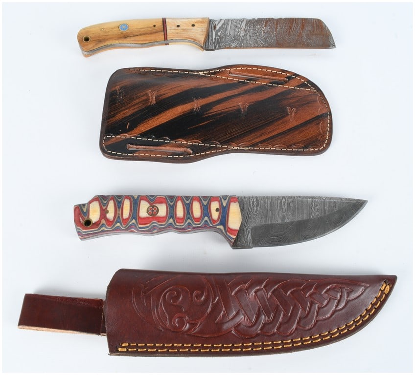 Two Damascus Steel Fixed Blade Knives with Tooled Leather Sheaths (1 of 5)